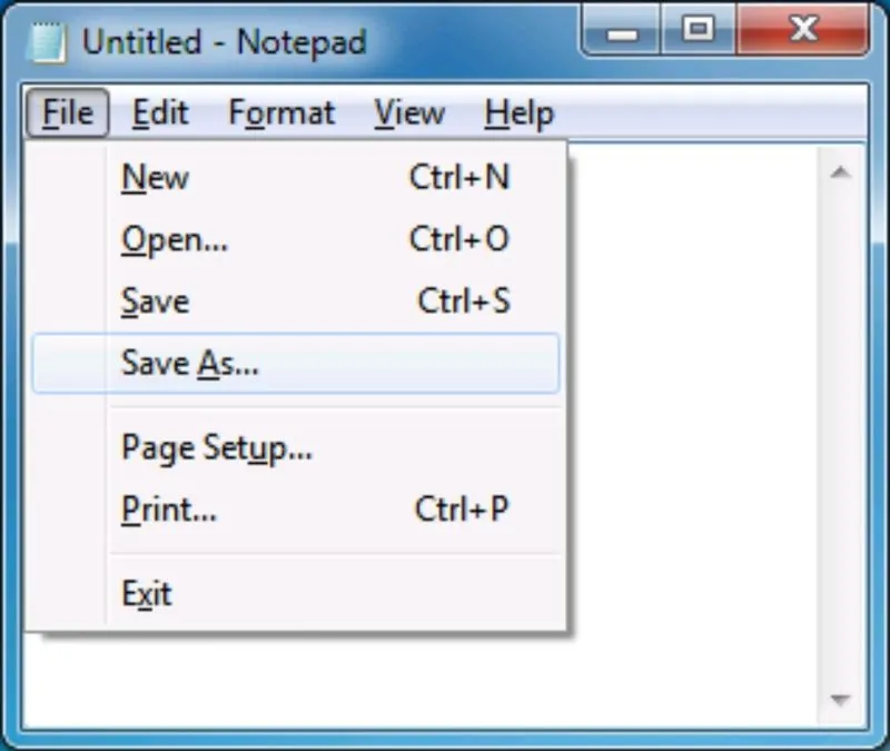 Notepad’s File menu open. Open…, Save As…, Page Setup… and Print… end in an ellipsis; New, Save and Exit don’t.